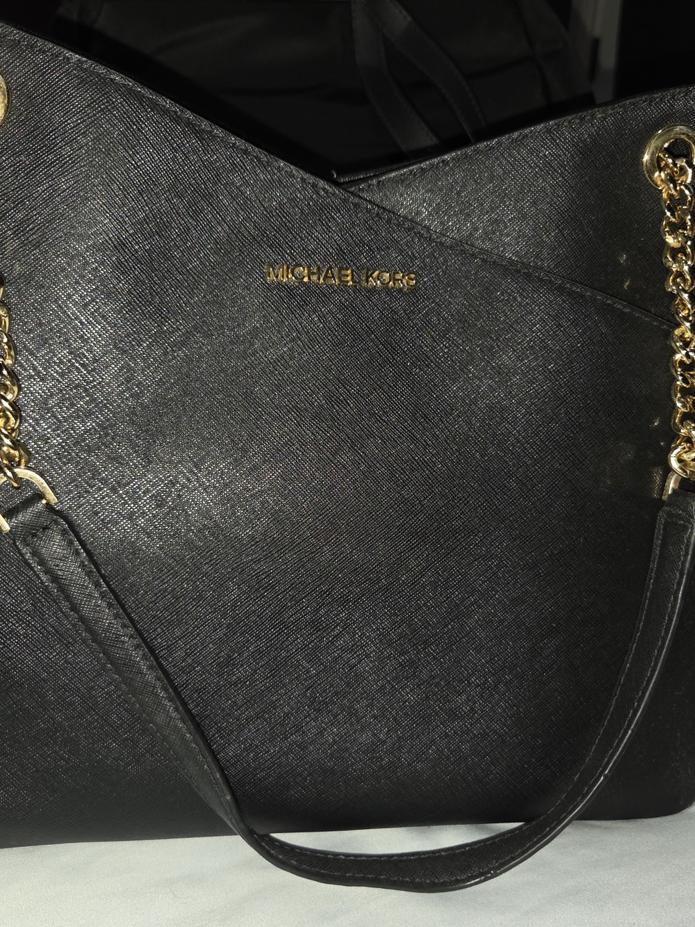 Michael Kors Black Shoulder Tote with Gold Chain Accents